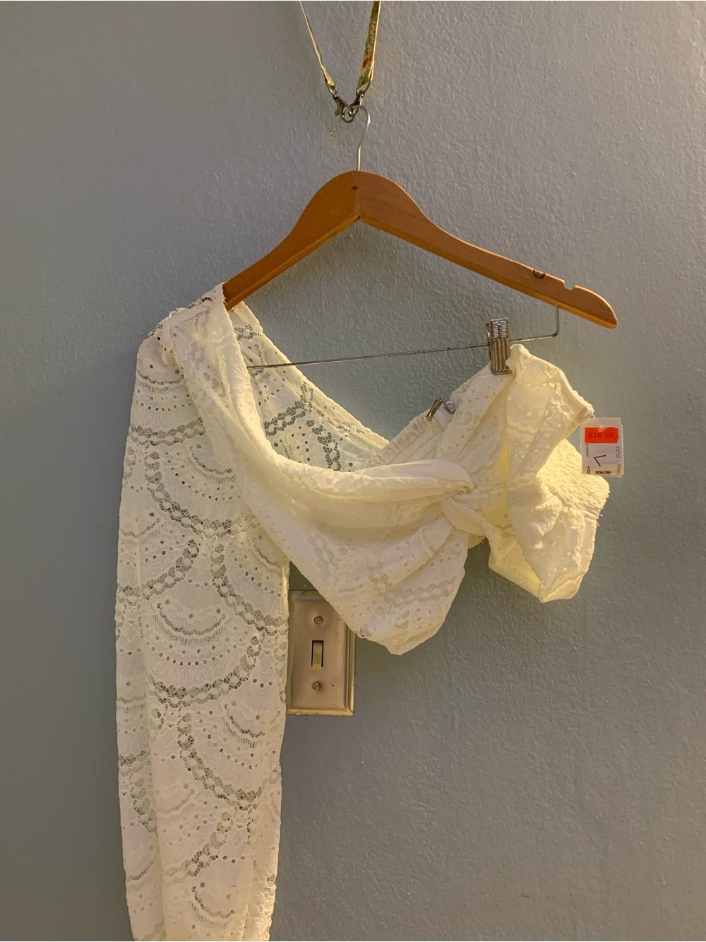 Ivory Lace Asymmetric Off-Shoulder Long Sleeve Strapless Crop Top